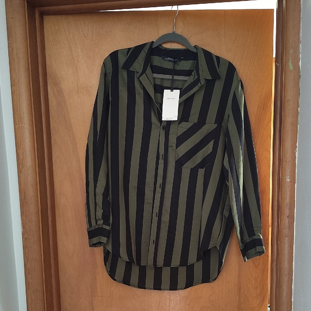 Zara Woman Black and Olive Striped Shirt